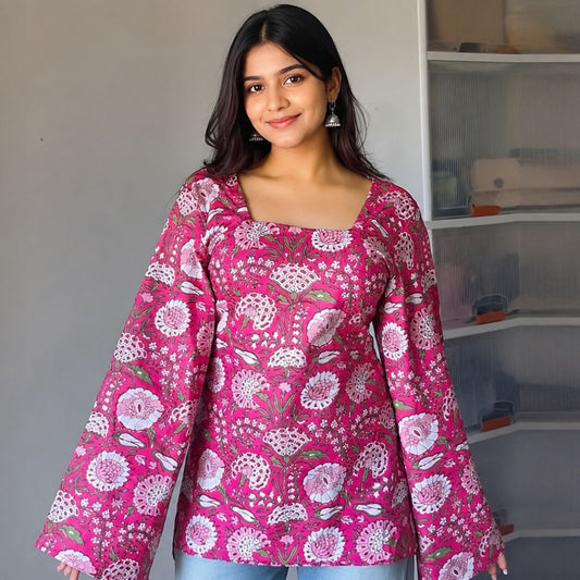 Pink Floral Printed Elegant Square Neck Short Kurti