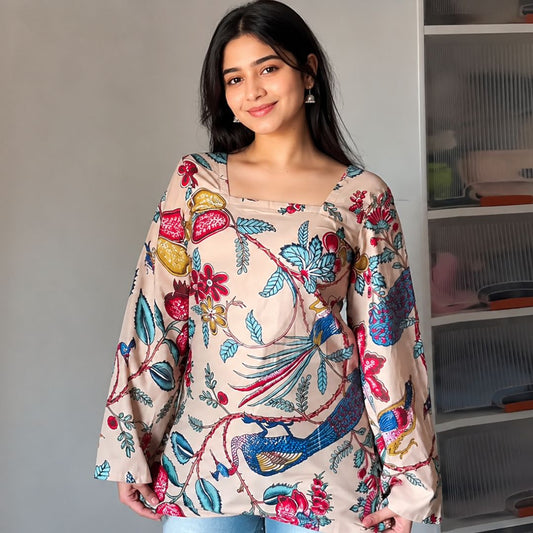 Beige Floral Printed Bell Sleeve Kurti