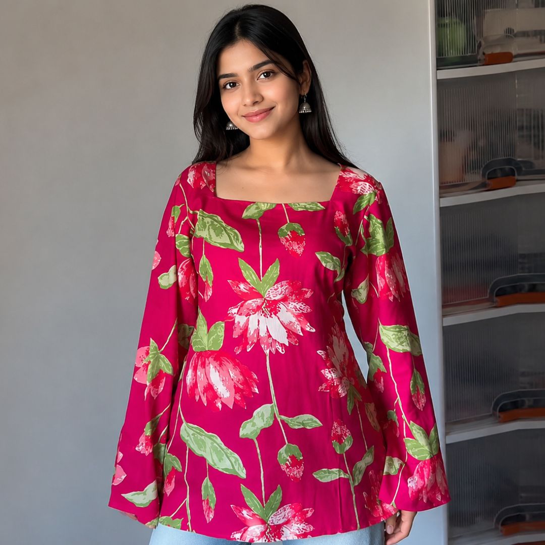 Bright Pink Floral Printed Casual Wear Short Kurti
