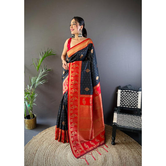 Red And Black Pure Soft Banarasi Zari Woven Silk Saree