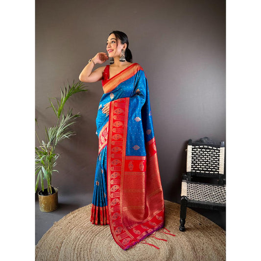 Sky Blue And Red Pure Soft Banarasi Zari Woven Silk Saree