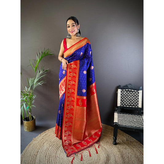 Blue And Red Pure Soft Banarasi Zari Woven Silk Saree