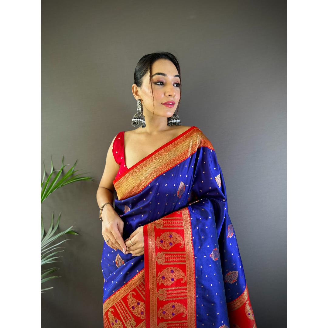 Blue And Red Pure Soft Banarasi Zari Woven Silk Saree