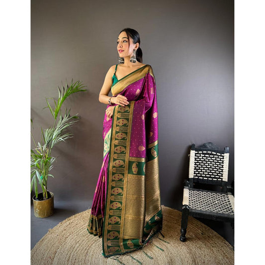 Purple And Golden Pure Soft Banarasi Zari Woven Silk Saree