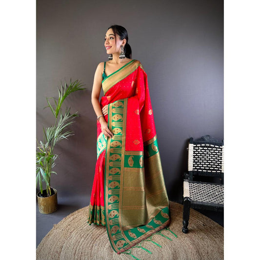 Red And Green Pure Soft Banarasi Zari Woven Silk Saree