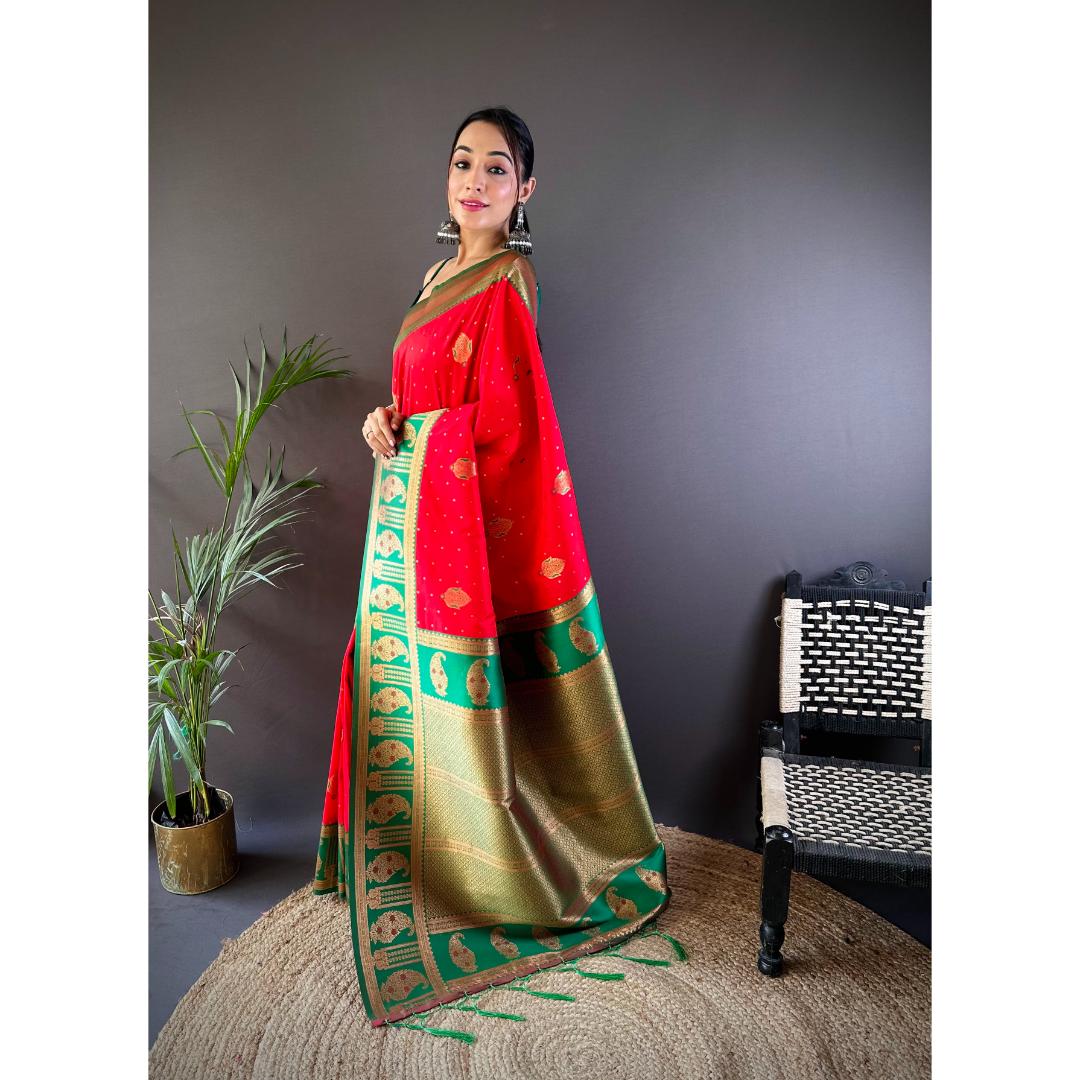 Red And Green Pure Soft Banarasi Zari Woven Silk Saree