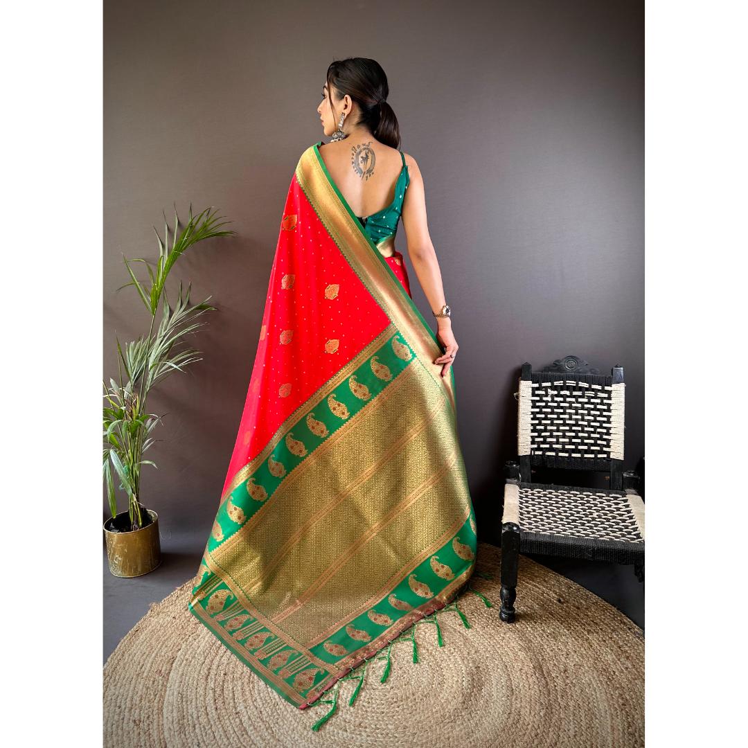 Red And Green Pure Soft Banarasi Zari Woven Silk Saree