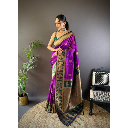 Purple And Green Pure Soft Banarasi Zari Woven Silk Saree