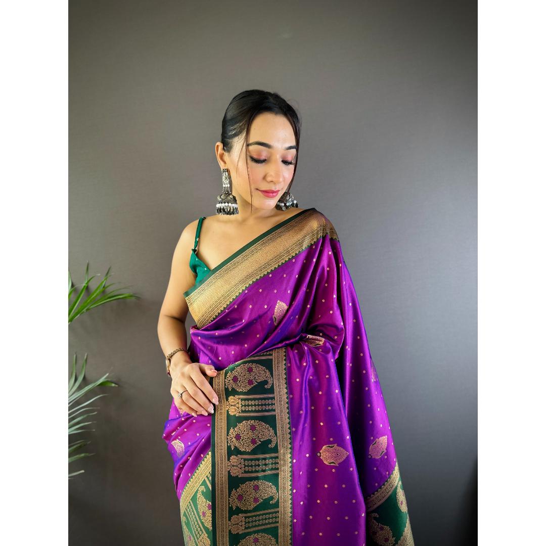 Purple And Green Pure Soft Banarasi Zari Woven Silk Saree