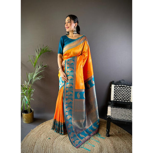 Mustard And Blue Pure Soft Banarasi Zari Woven Silk Saree