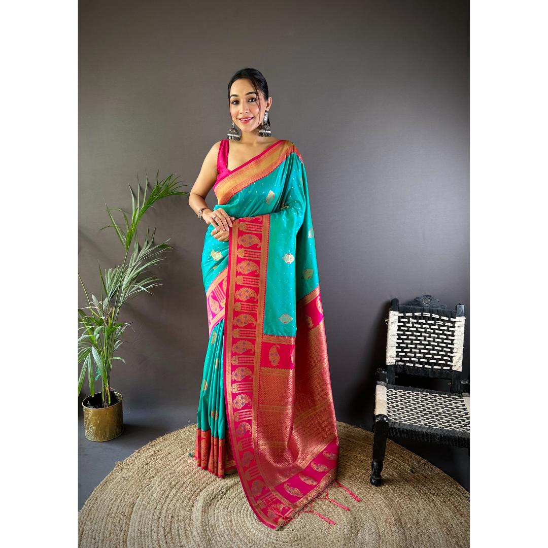 Sky Blue And Pink Pure Soft Banarasi Zari Woven Silk Saree