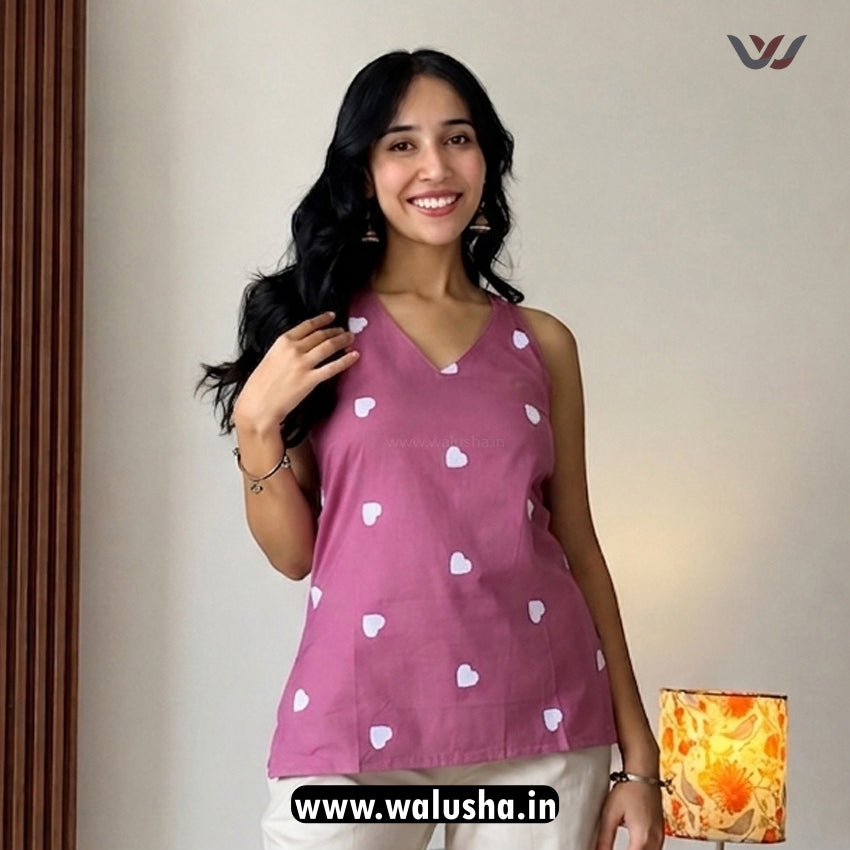 Rose Pink Heart Embroidery Work Halter Neck Sleeveless Short Kurti