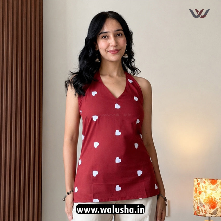 Maroon Heart Embroidery Work Halter Neck Sleeveless Short Kurti