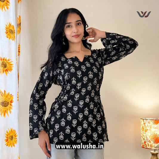Black Floral Printed Side Corset Short Kurti
