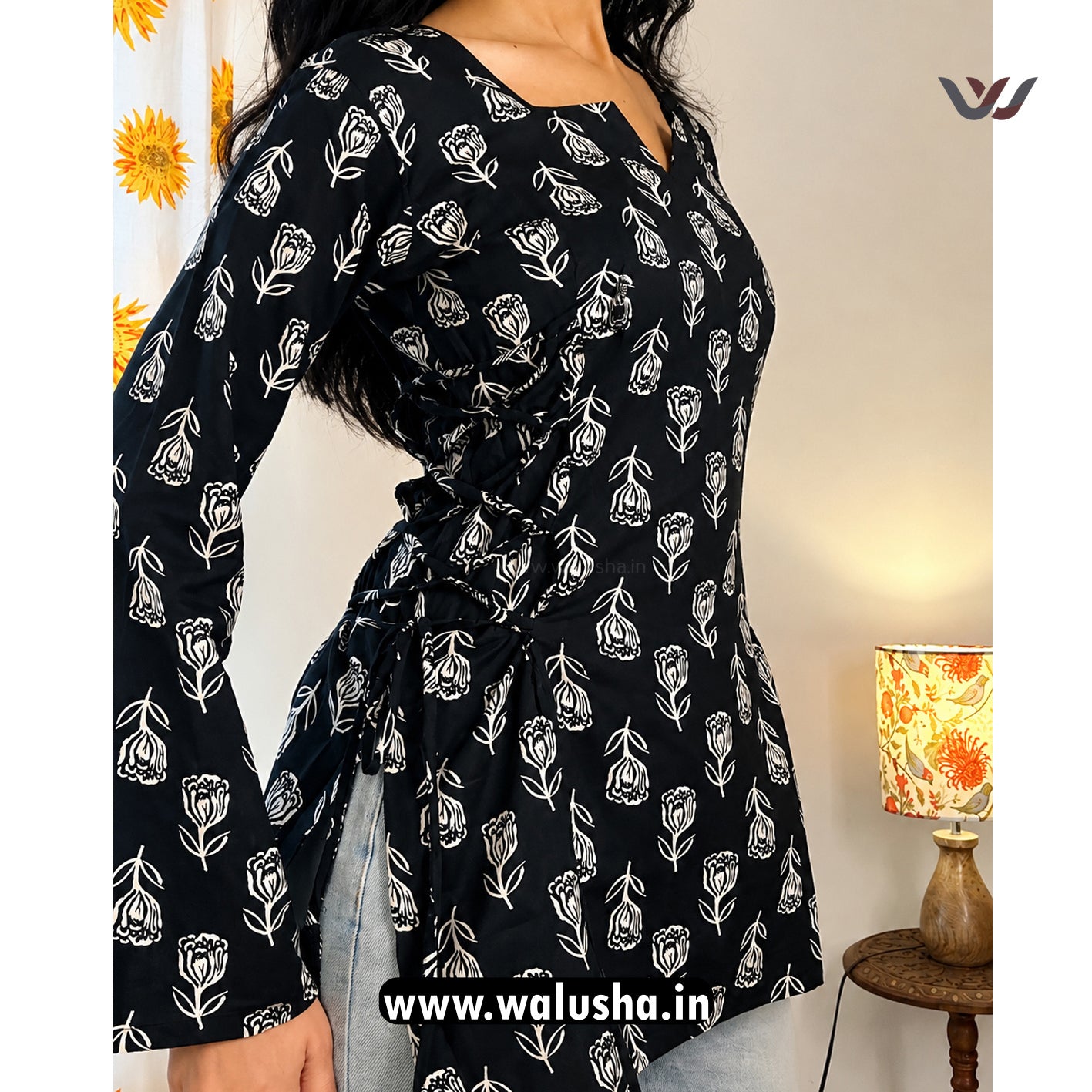 Black Floral Printed Side Corset Short Kurti