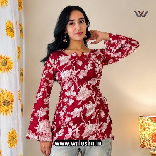 Maroon Abstract Printed Side Corset Short Kurti