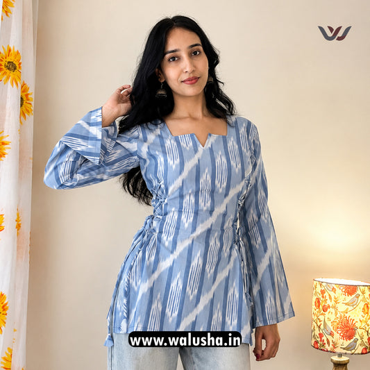 Sky Blue Ikat Printed Side Corset Short Kurti