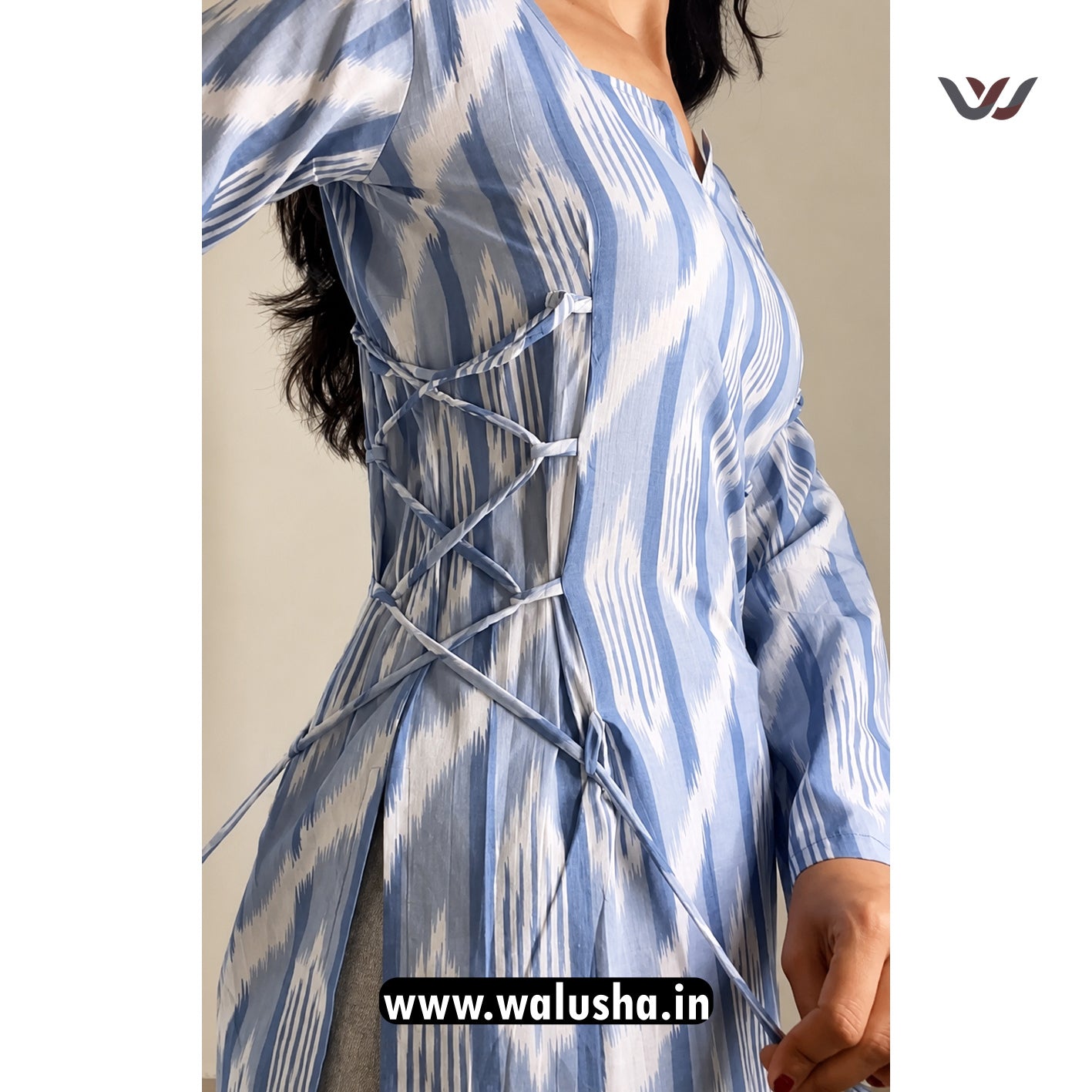 Sky Blue Ikat Printed Side Corset Short Kurti