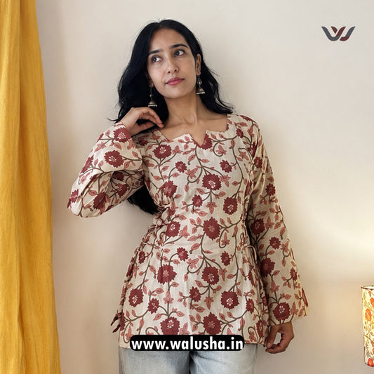 Elegant Beige Floral Printed Side Corset Short Kurti