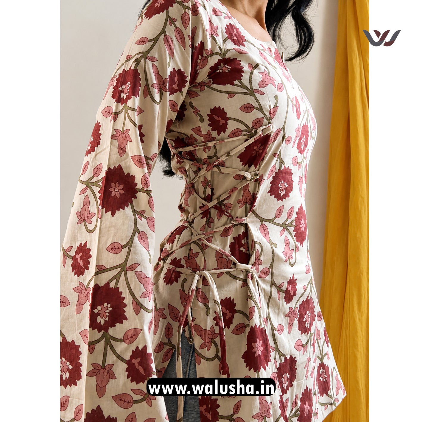 Elegant Beige Floral Printed Side Corset Short Kurti