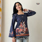 Navy Blue Traditional Folk Art Printed Corset Back Bell Sleeve Short Kurti