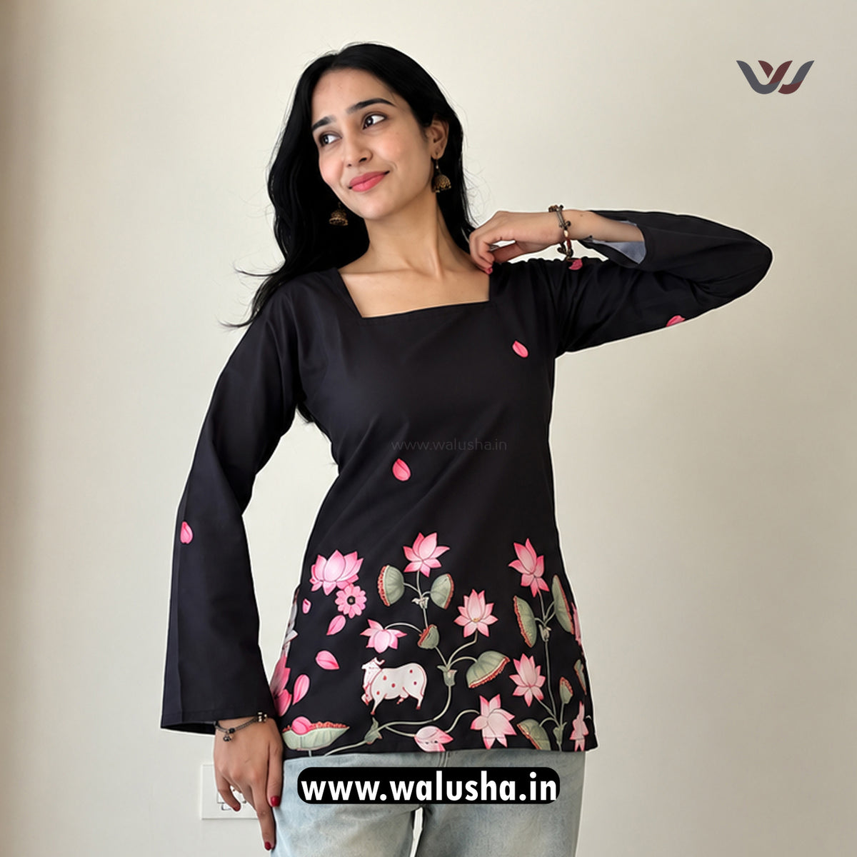 Black Floral Printed Corset Back Bell Sleeve Short Kurti