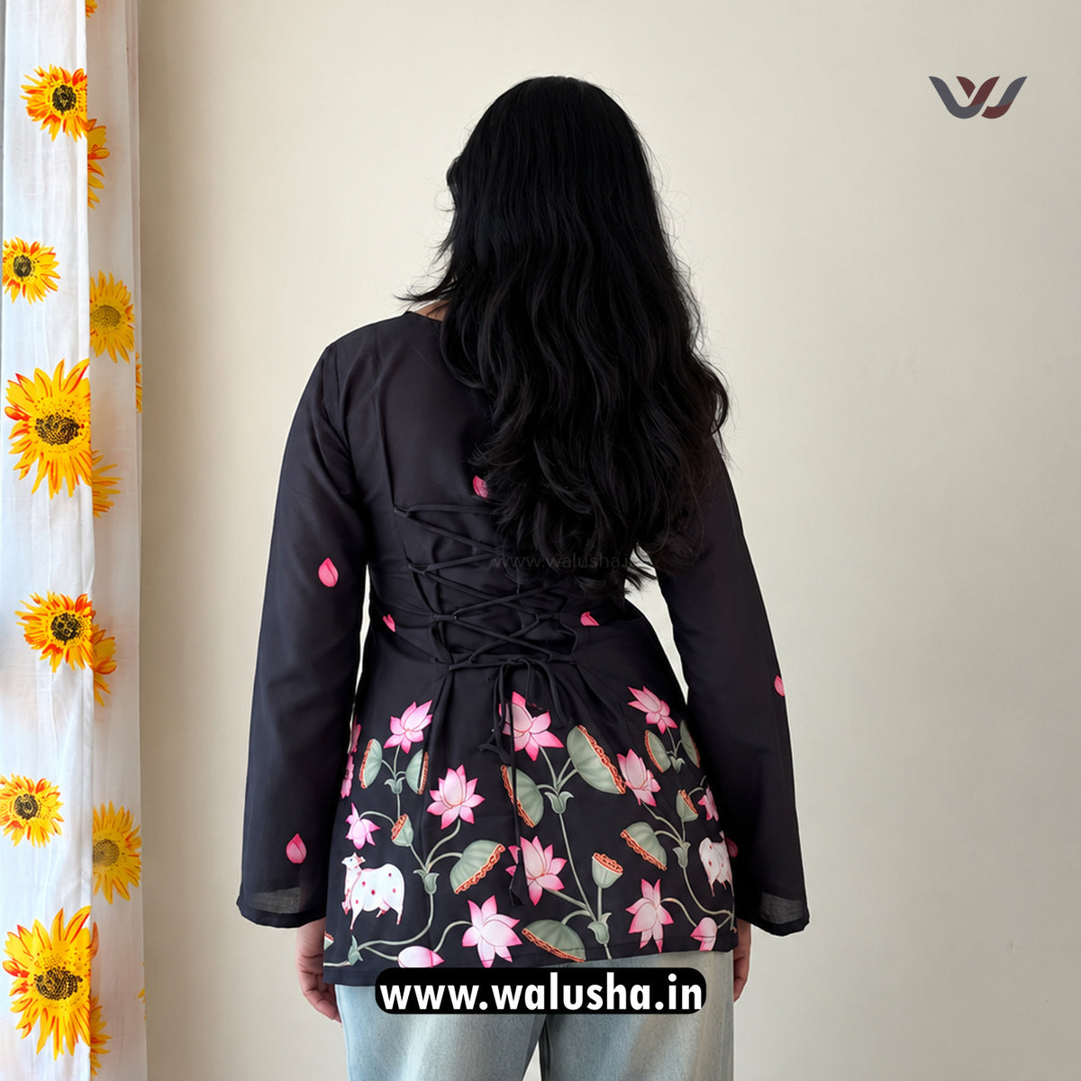 Black Floral Printed Corset Back Bell Sleeve Short Kurti