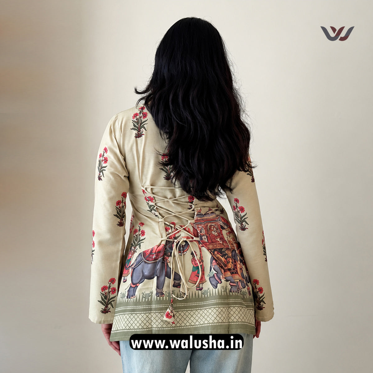 Beige Ethnic Elephant And Floral Printed Corset Back Bell Sleeve Short Kurti