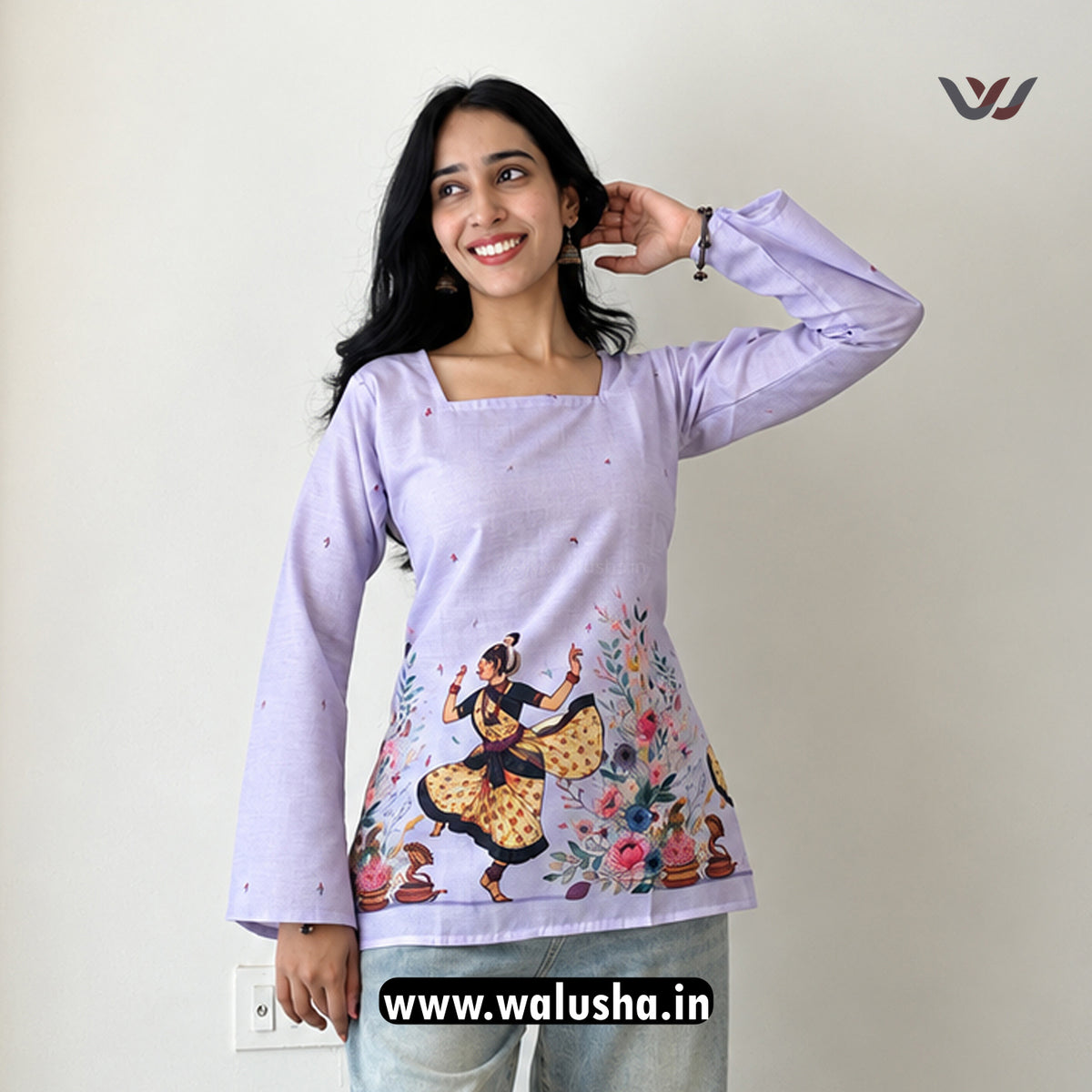 Lavender Madhubani Inspired Folk Art Print Corset Back Bell Sleeve Short Kurti