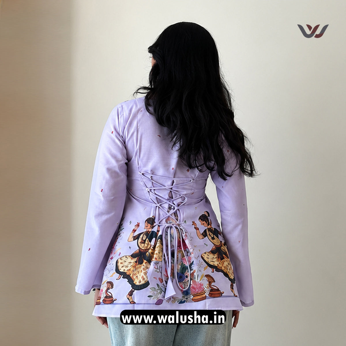 Lavender Madhubani Inspired Folk Art Print Corset Back Bell Sleeve Short Kurti