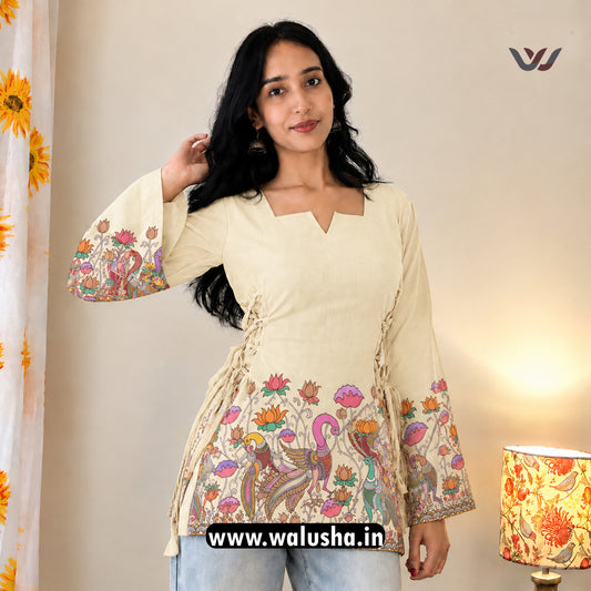 Cream Folk Art Printed Side Corset Fitted Short Kurti
