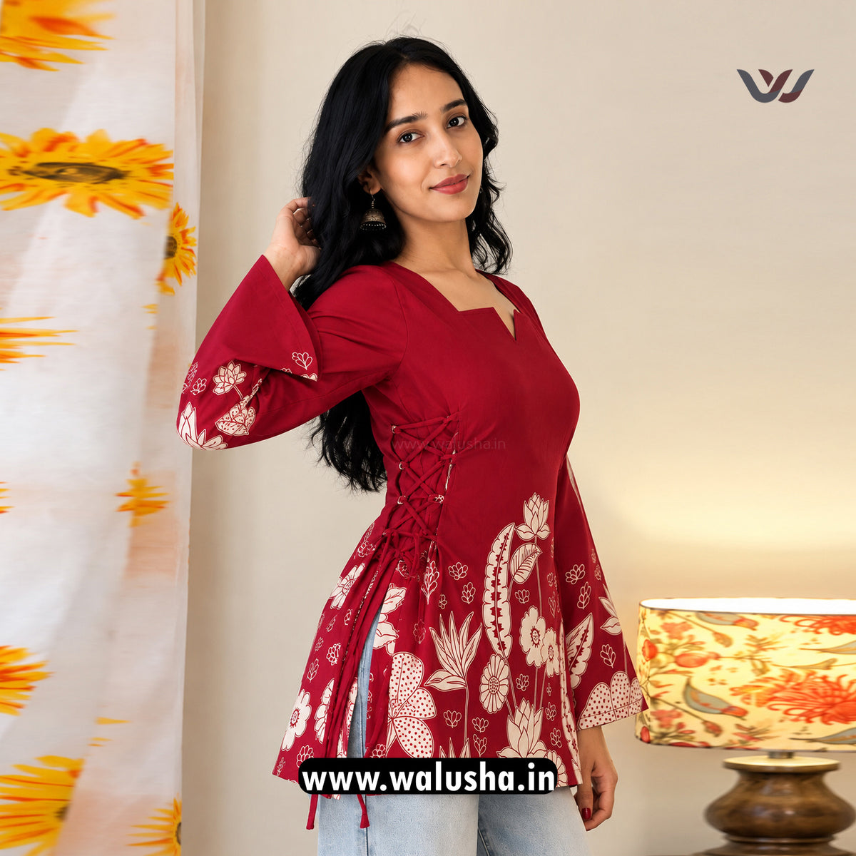 Maroon Floral Printed Side Corset Fitted Short Kurti
