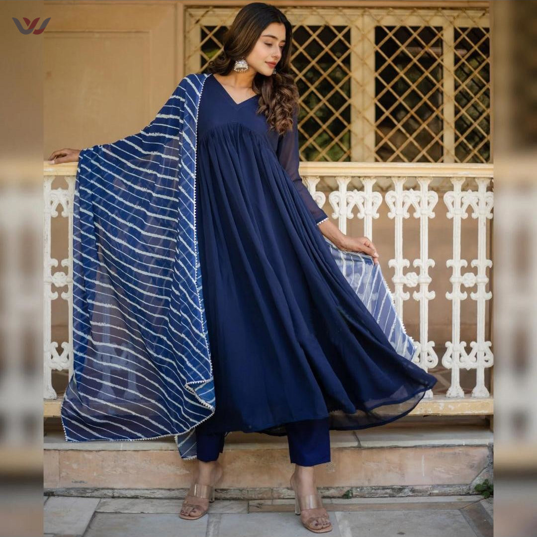 Navy Blue Plain Georgette Kurti With Printed Dupatta