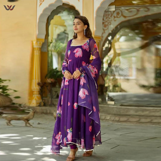 Purple Rose Printed Designer Georgette Kurtis