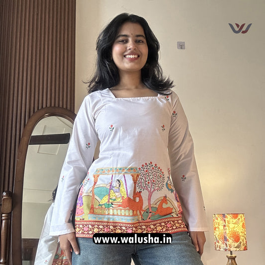 White Folk Art Printed Corset Back Short Kurti