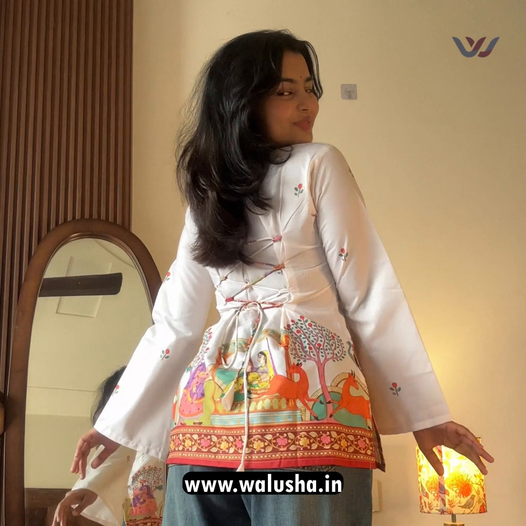 White Folk Art Printed Corset Back Short Kurti