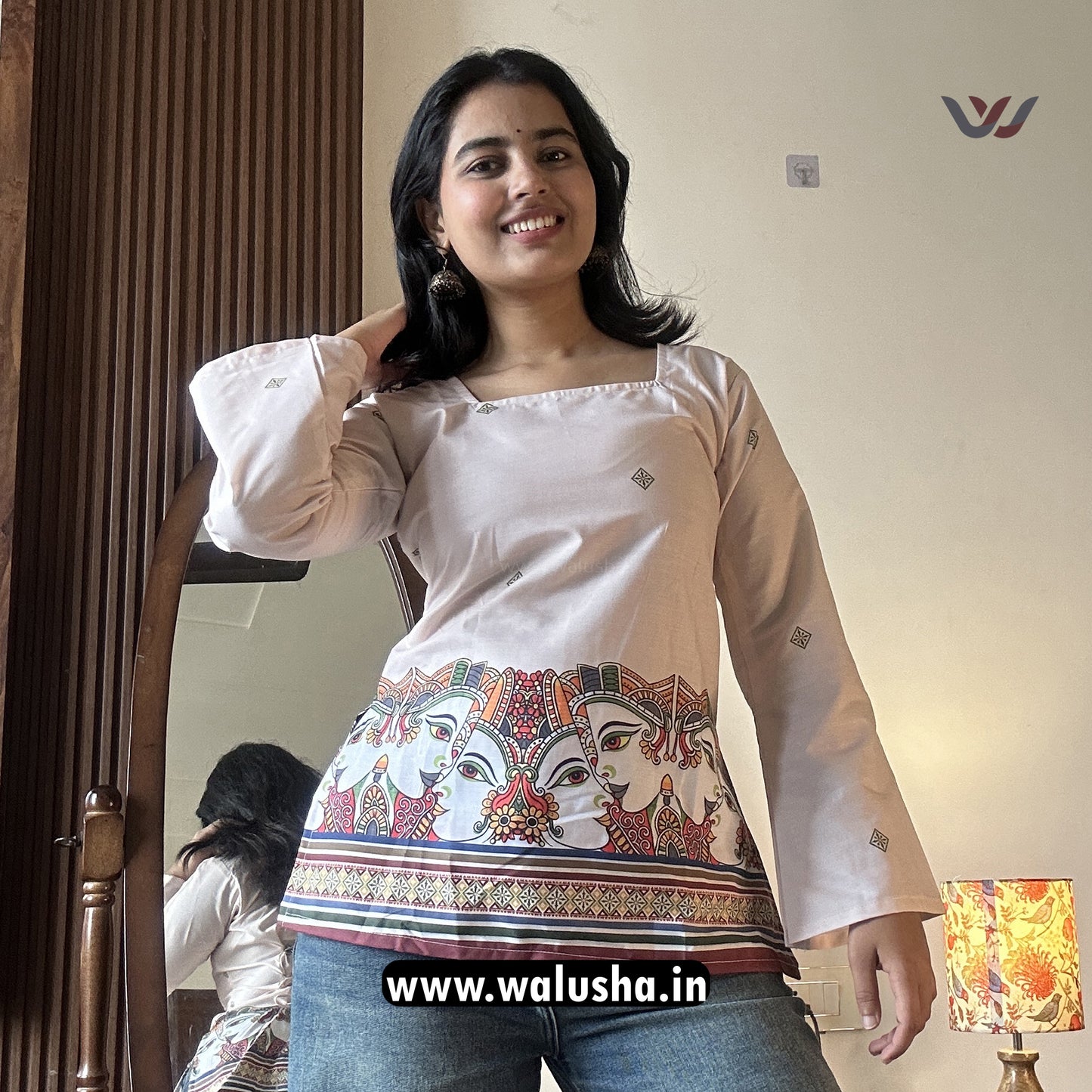Beige Traditional Face Motif Printed Corset Back Short Kurti