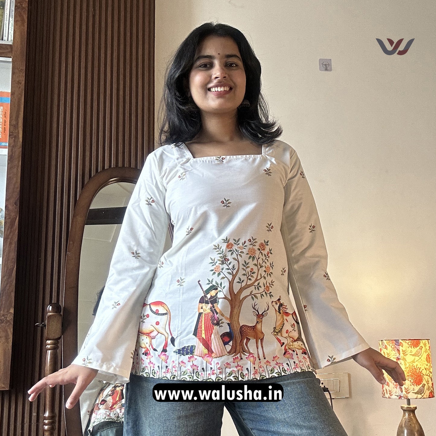 White Handcrafted Nature Printed Corset Back Short Kurti