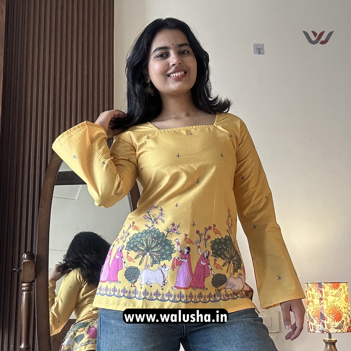 Mustard Ethnic Folk Illustration Printed Corset Back Short Kurti
