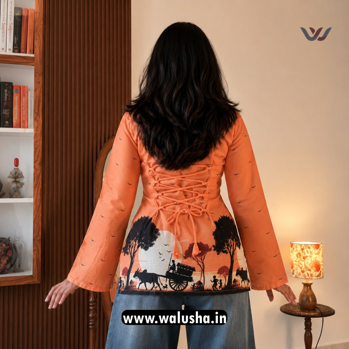 Rustic Sunset Village Printed Corset Back Short Kurti