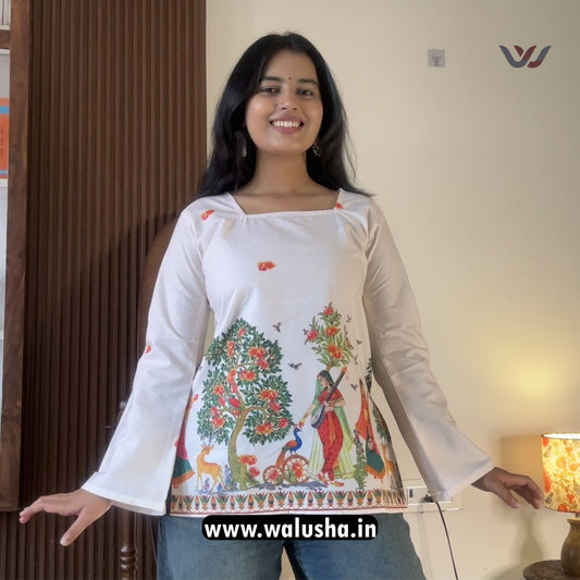 White Heritage Printed Corset Back Short Kurti
