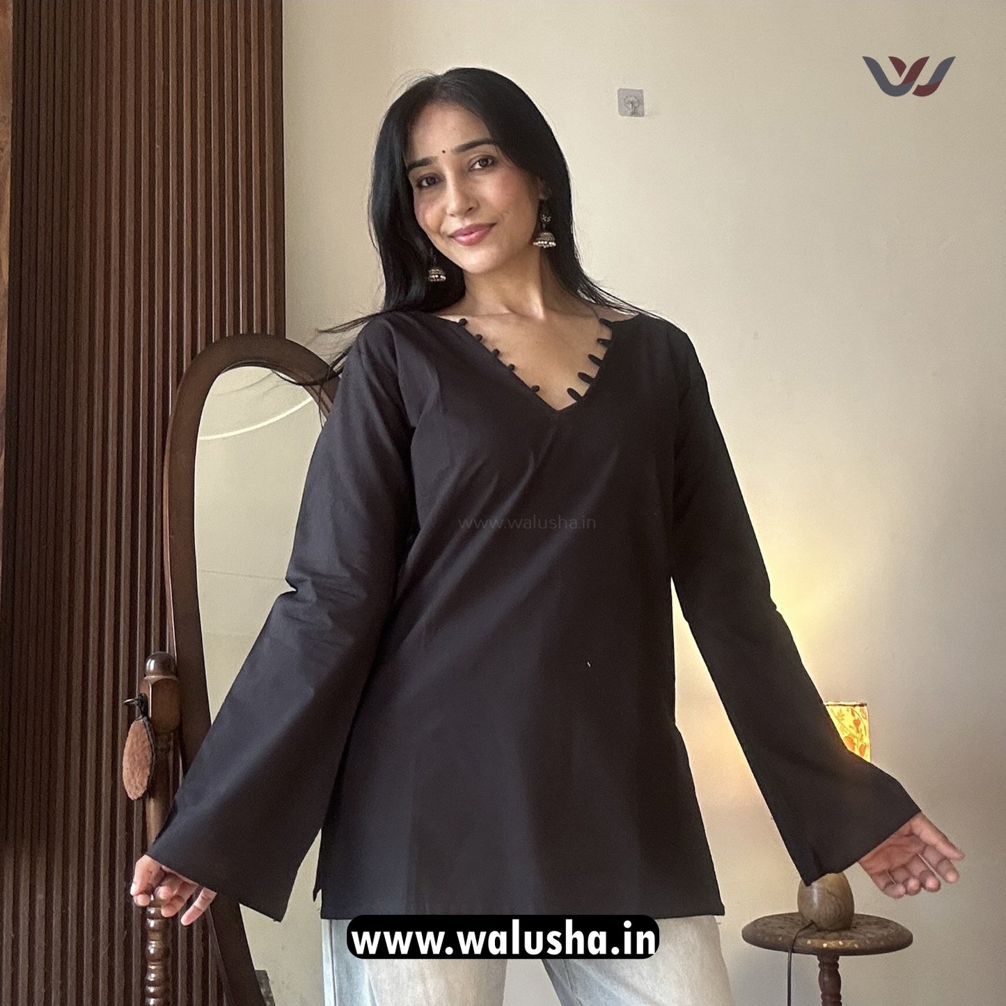 Minimalist Black Plain V Neck Pure Cotton Short Kurti