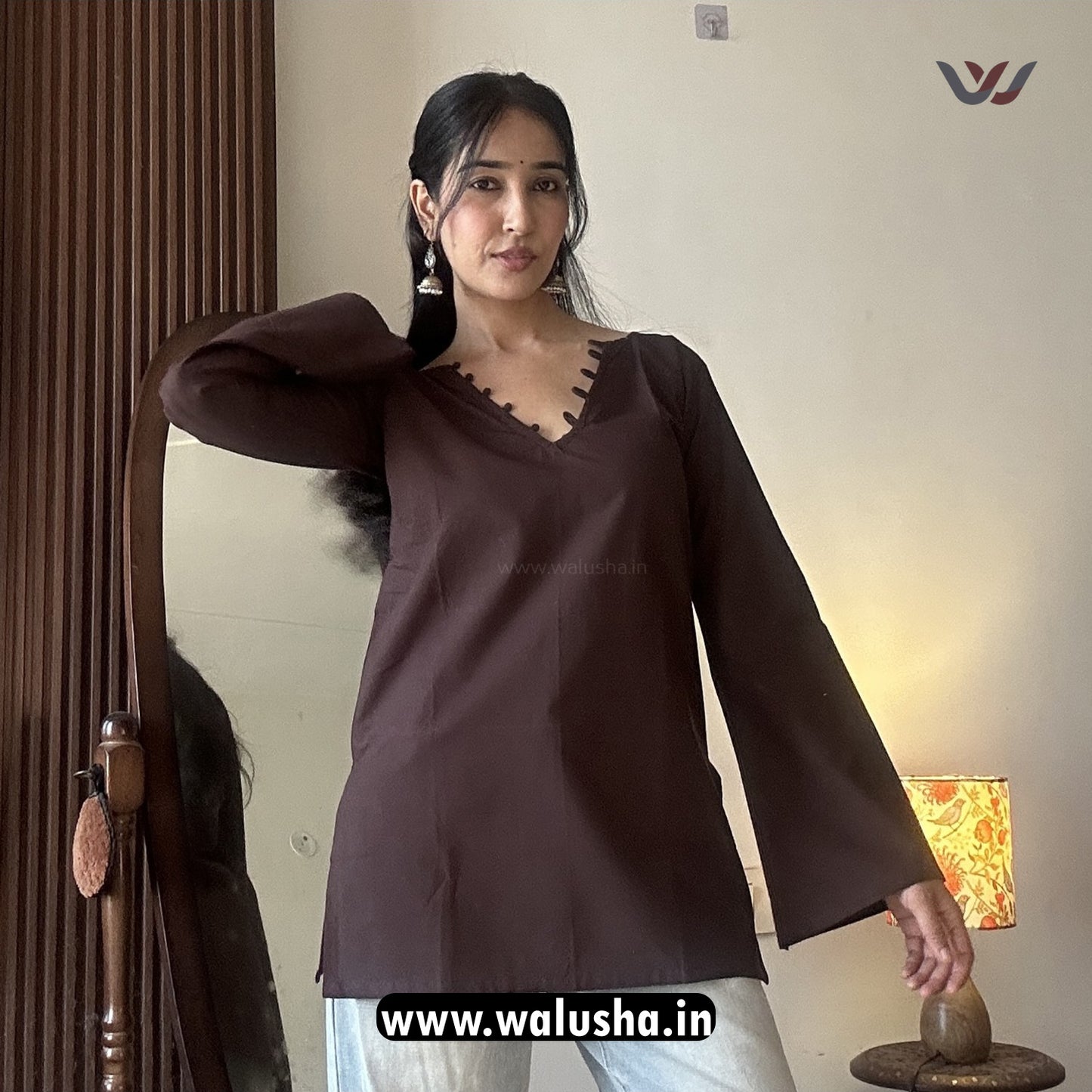 Chic Coffee Brown Plain V Neck Pure Cotton Short Kurti