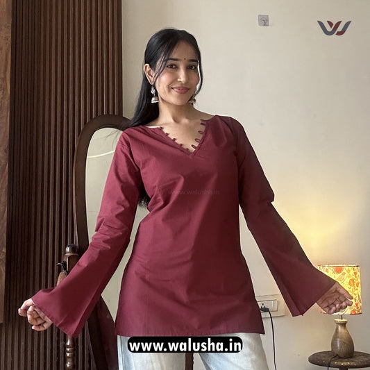 Solid Maroon Plain V Neck Pure Cotton Short Kurti