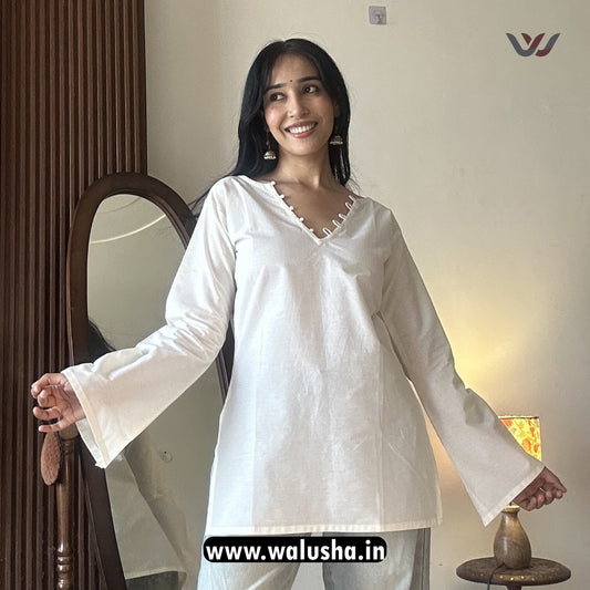 White Plain V Neck Pure Cotton Short Kurti