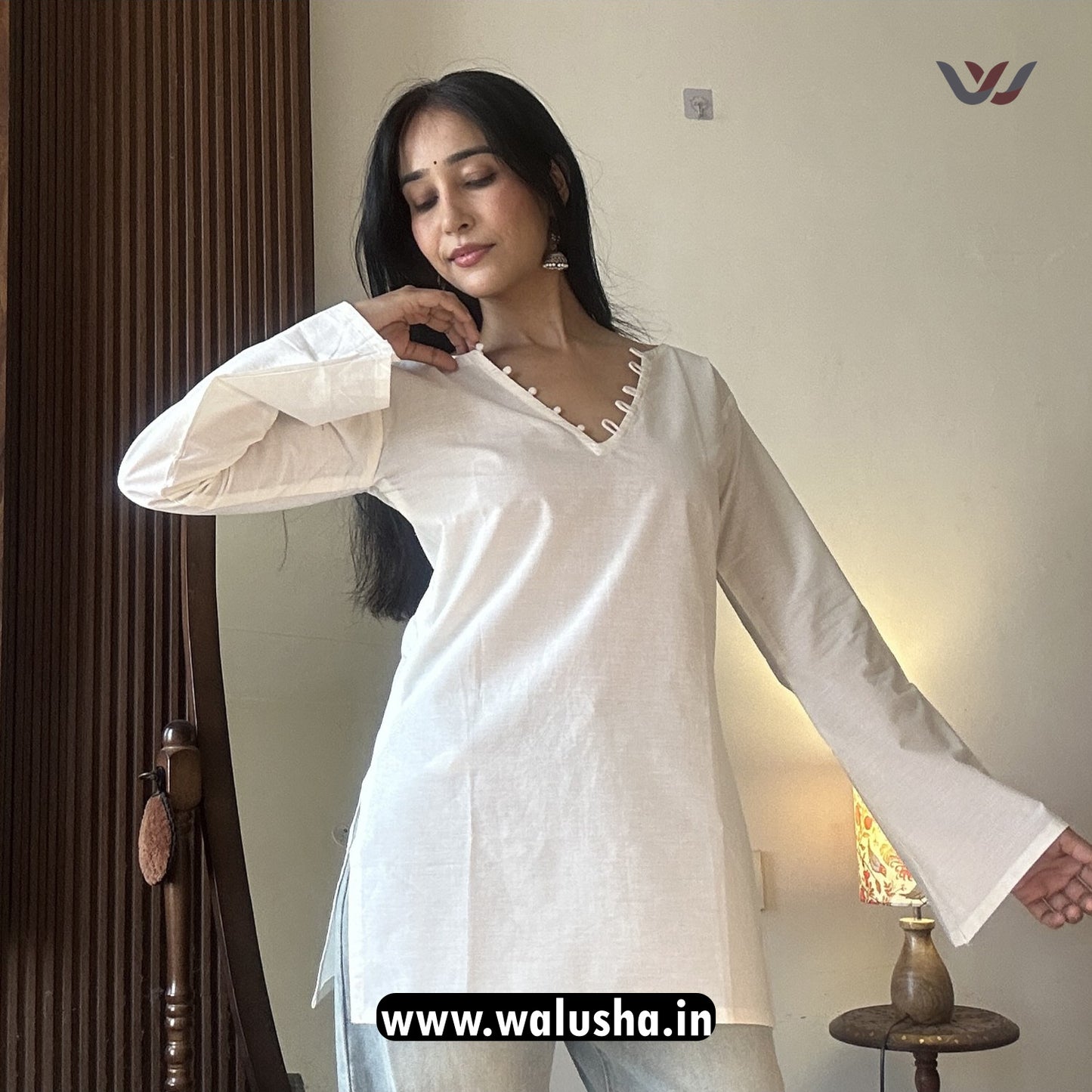 White Plain V Neck Pure Cotton Short Kurti