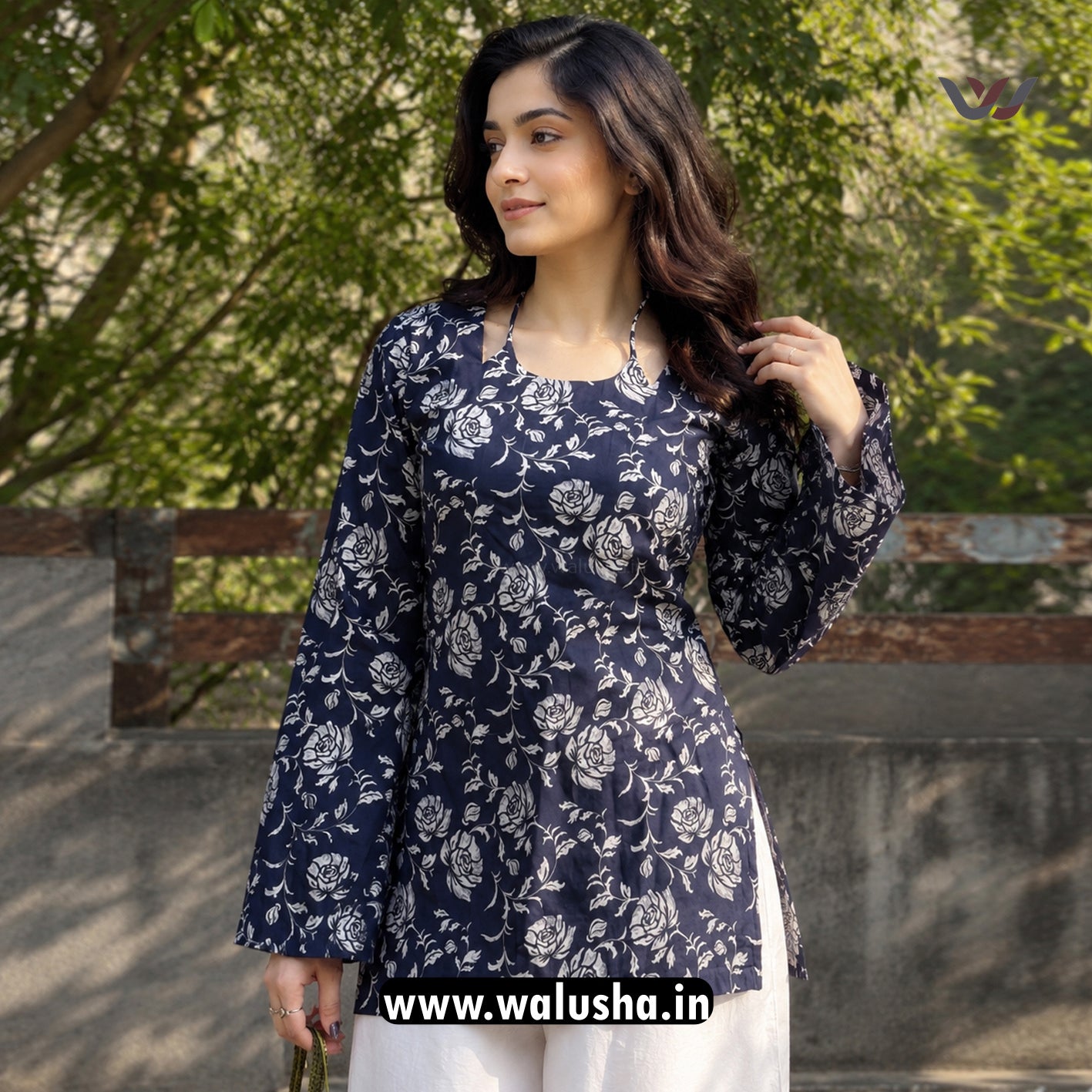 Navy Blue Floral Printed Corset Back Short Kurti