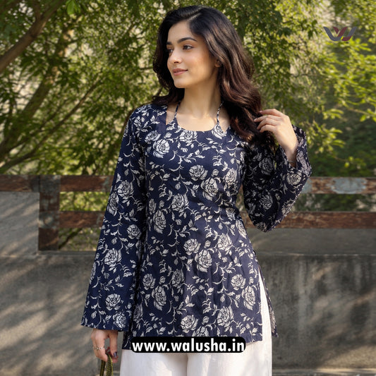 Navy Blue Floral Printed Corset Back Short Kurti