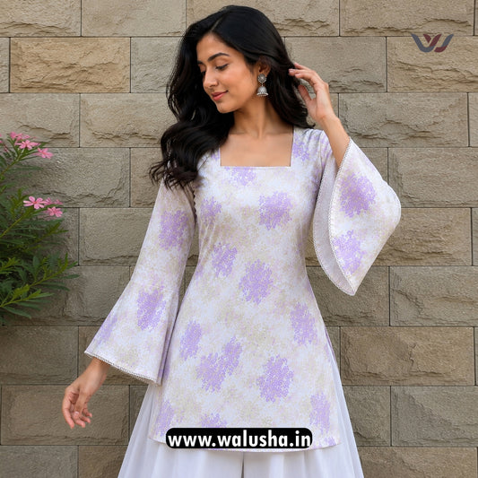 Lavender And White Floral Printed Corset Back Short Kurti