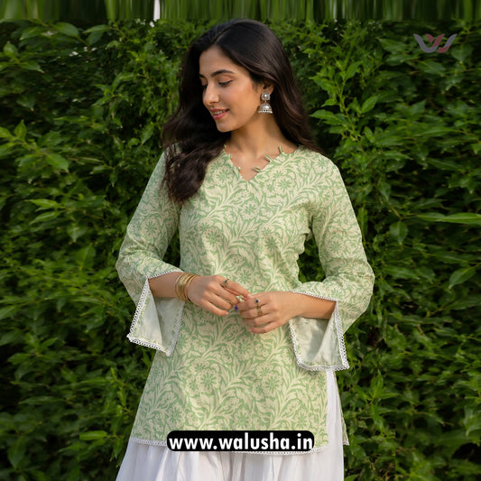Sage Green Floral Printed Corset Back Short Kurti